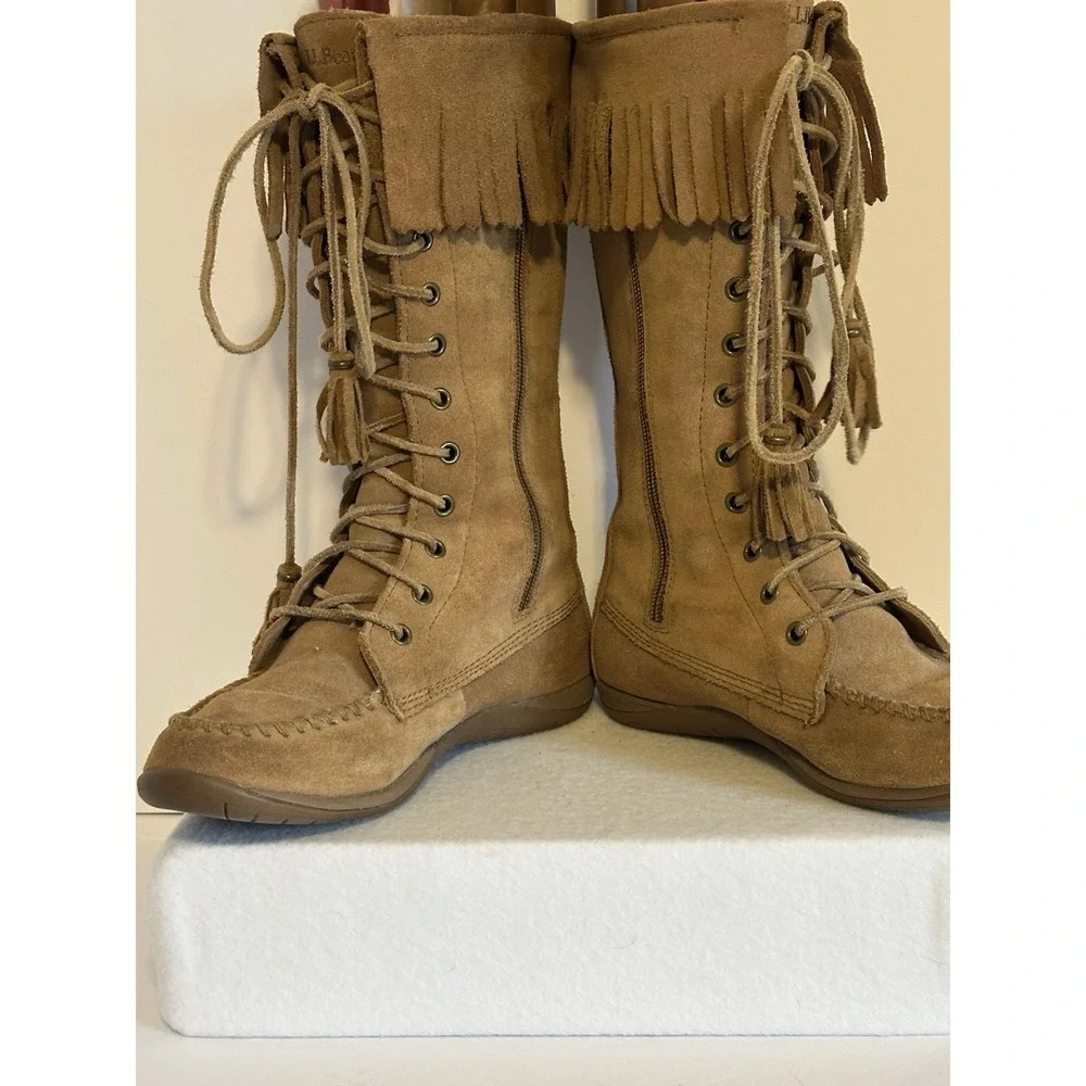 L L Bean Suede Leather Tan Tassel Fringe Sheepskin Lined Winter Boots Size 7‎ M